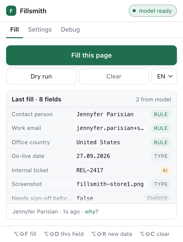 The popup after a fill: eight fields, each with its value and a tag saying where it came from