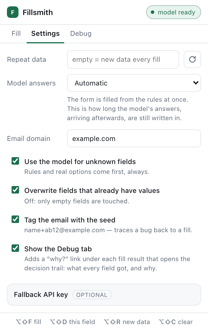 Settings: the model on by default, the email domain, and an optional API key